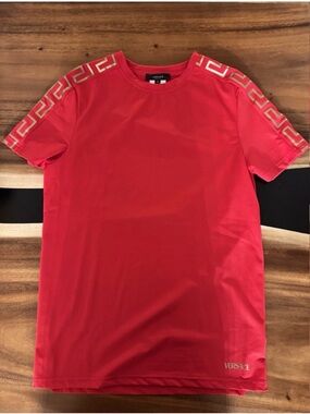 Versace Red Short Sleeve Crewneck with Gold Greek Key Trim